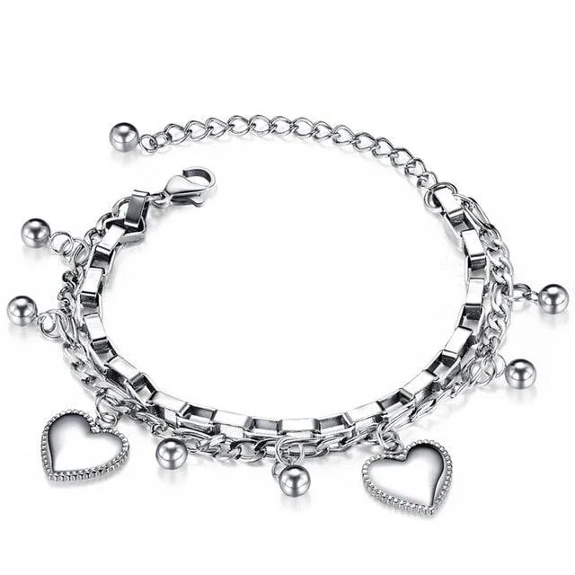 Love Heart Charm Bracelets For Women Gold Silver Color Stainless steel Bracelet&amp;Bangle Jewelry Europe American Style Jewelry