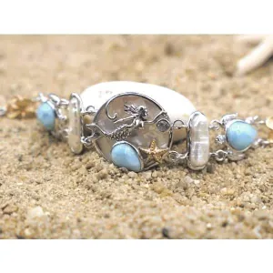 Mermaid, Sea Turtles and Hibiscus Flowers Bracelet with Larimar, Blue Topaz, Mother of Pearl and Fresh Water Pearls - Only One Piece Created