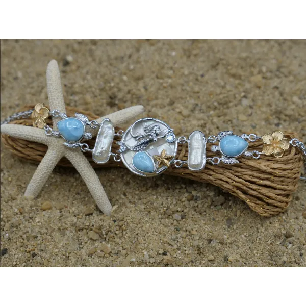 Mermaid, Sea Turtles and Hibiscus Flowers Bracelet with Larimar, Blue Topaz, Mother of Pearl and Fresh Water Pearls - Only One Piece Created