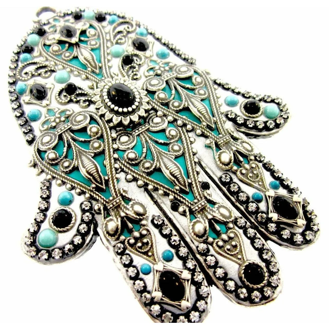 Michal Golan Silver Tone/Turquoise & Onyx Stone Wall Hamsa