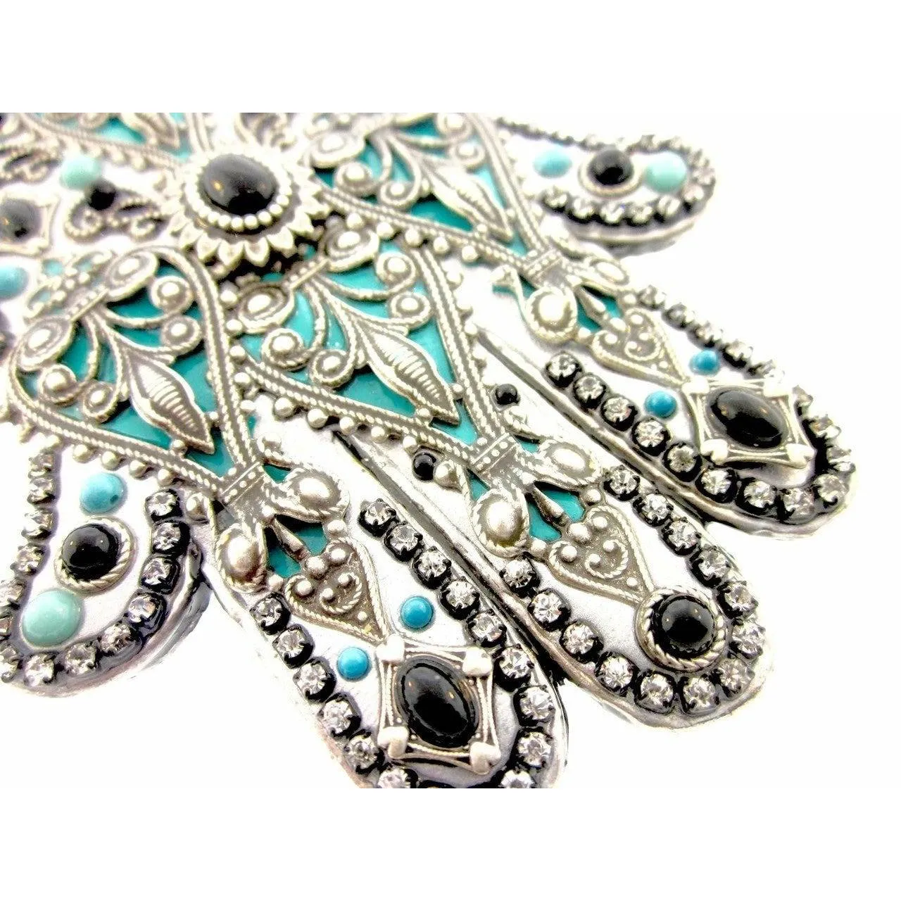 Michal Golan Silver Tone/Turquoise & Onyx Stone Wall Hamsa