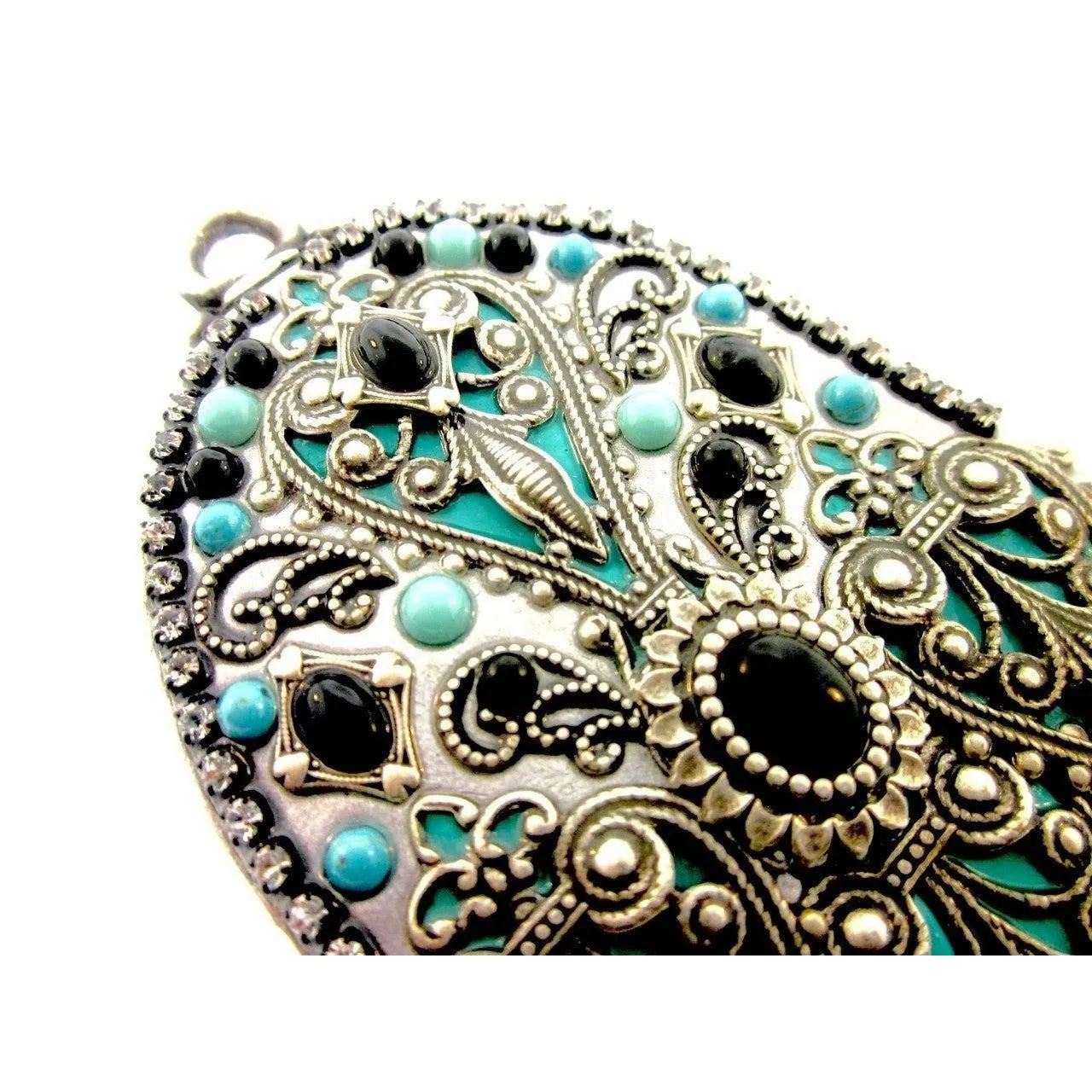 Michal Golan Silver Tone/Turquoise & Onyx Stone Wall Hamsa