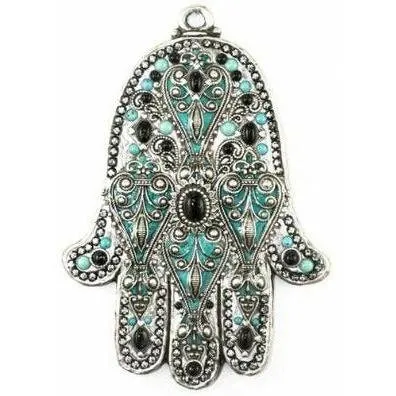 Michal Golan Silver Tone/Turquoise & Onyx Stone Wall Hamsa