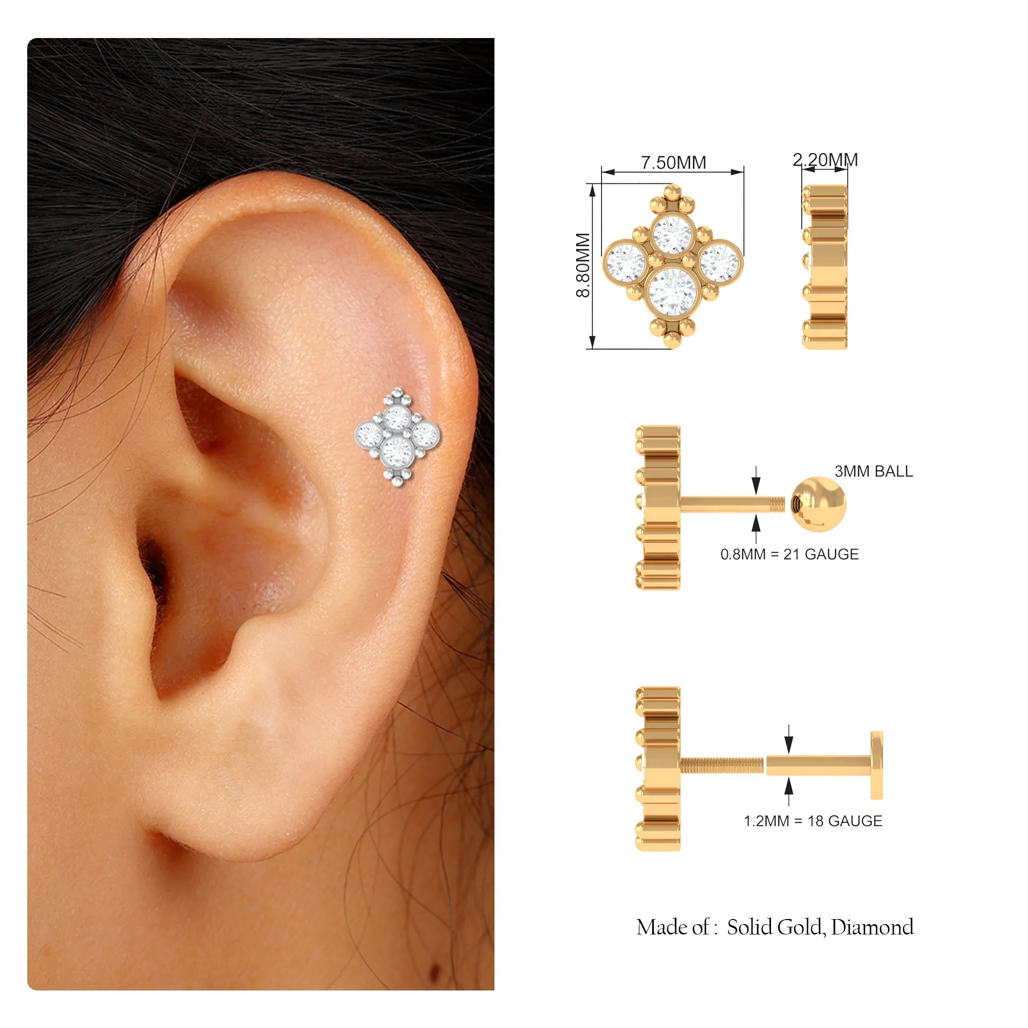 Moissanite Cluster Tragus Earring with Gold Beads