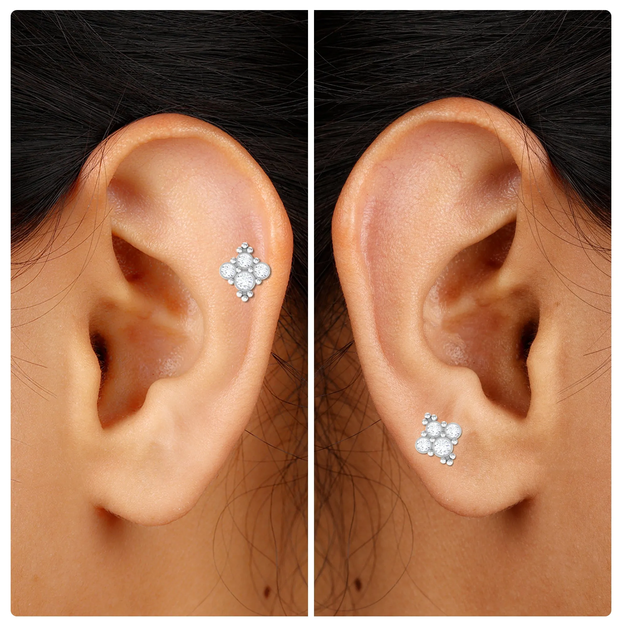 Moissanite Cluster Tragus Earring with Gold Beads