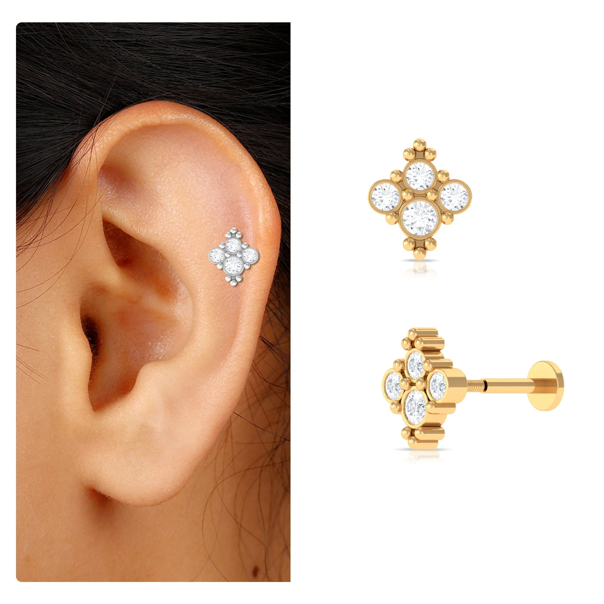 Moissanite Cluster Tragus Earring with Gold Beads