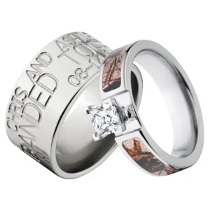 Mossy Oak Pink Break Up Camo & Duck Band Wedding RingS