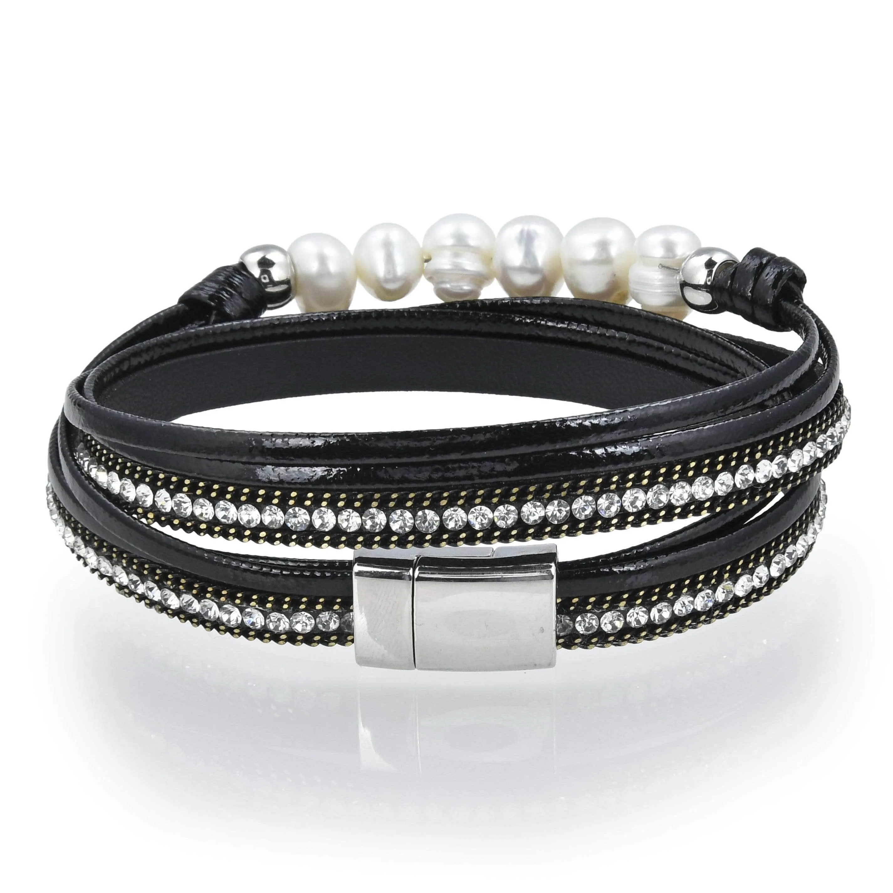 Multiple Strand Pearl and Diamonds Black Bracelet with Magnetic Clasp