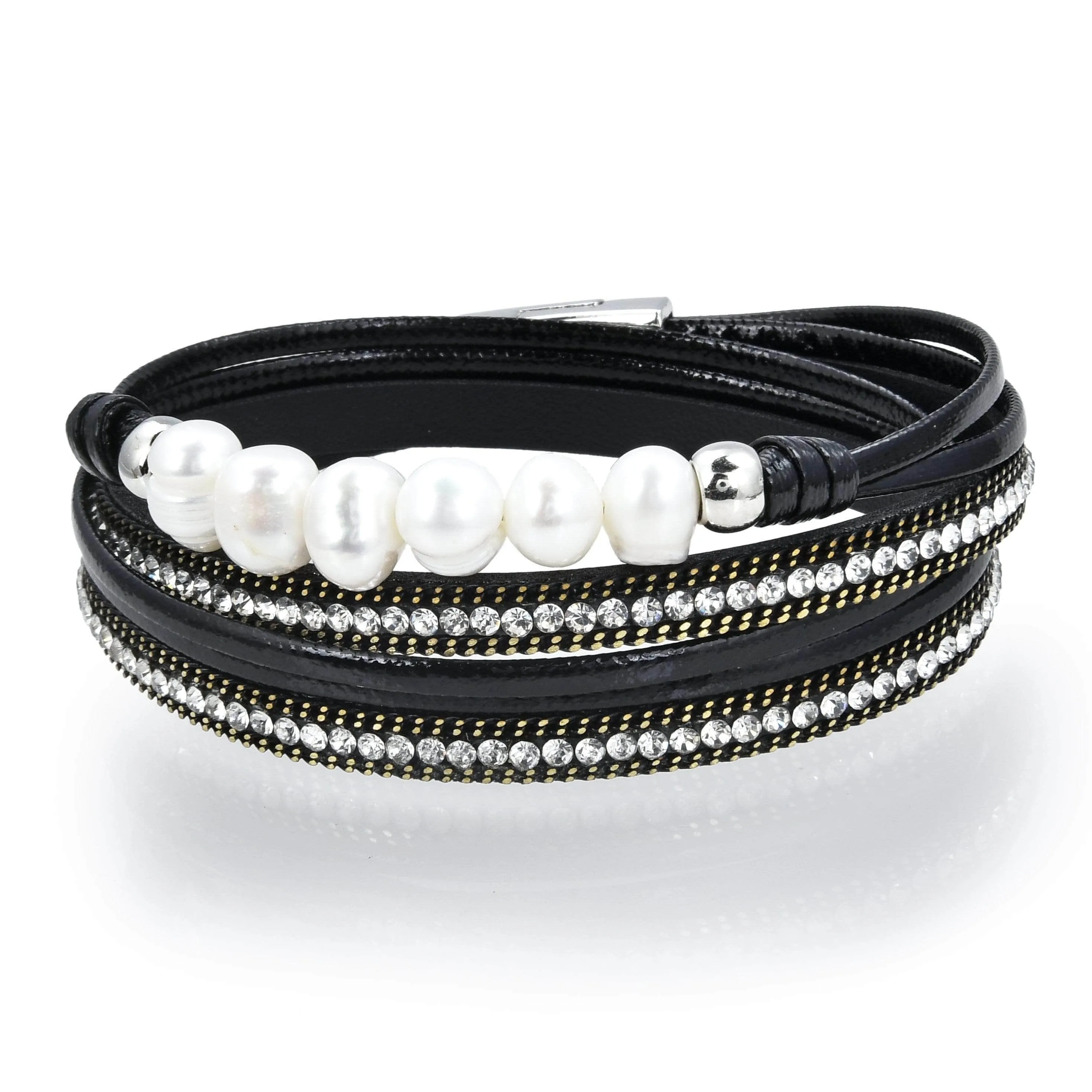 Multiple Strand Pearl and Diamonds Black Bracelet with Magnetic Clasp