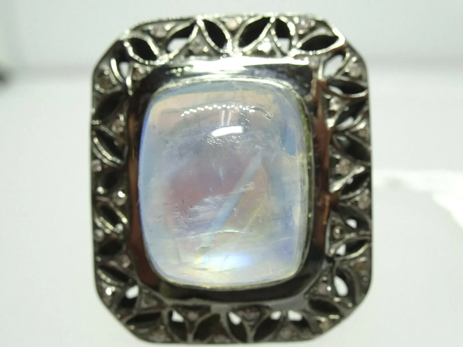 New 23.3ctw Natural Moonstone & Diamond Custom Ring Black Rhodium Size 7