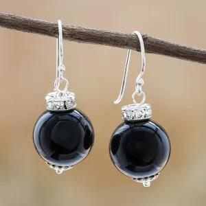 Onyx and Sterling Silver Dangle Earrings from Thailand - Perfect Orbs | NOVICA