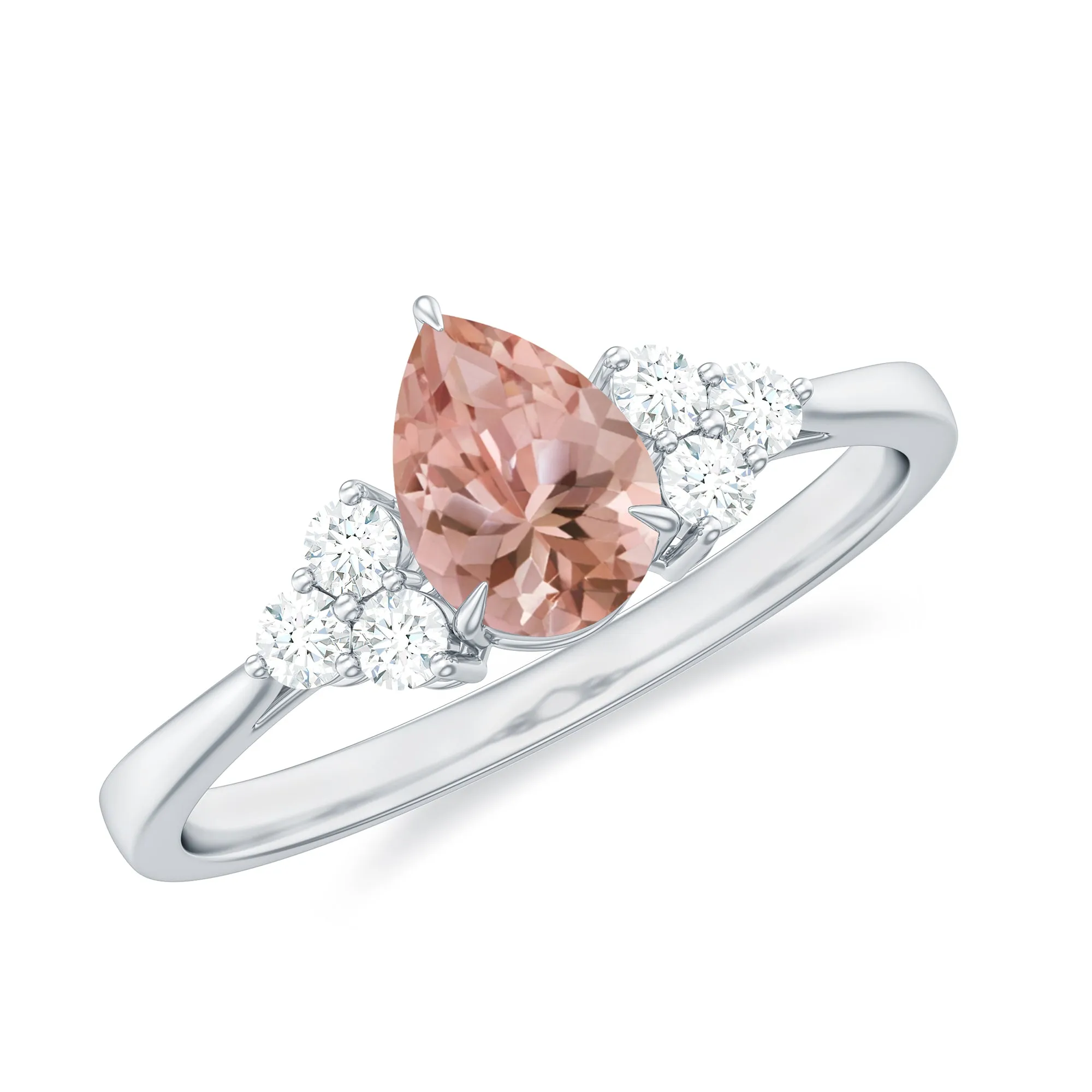 Pear Shaped Morganite Solitaire Ring with Diamond Trio