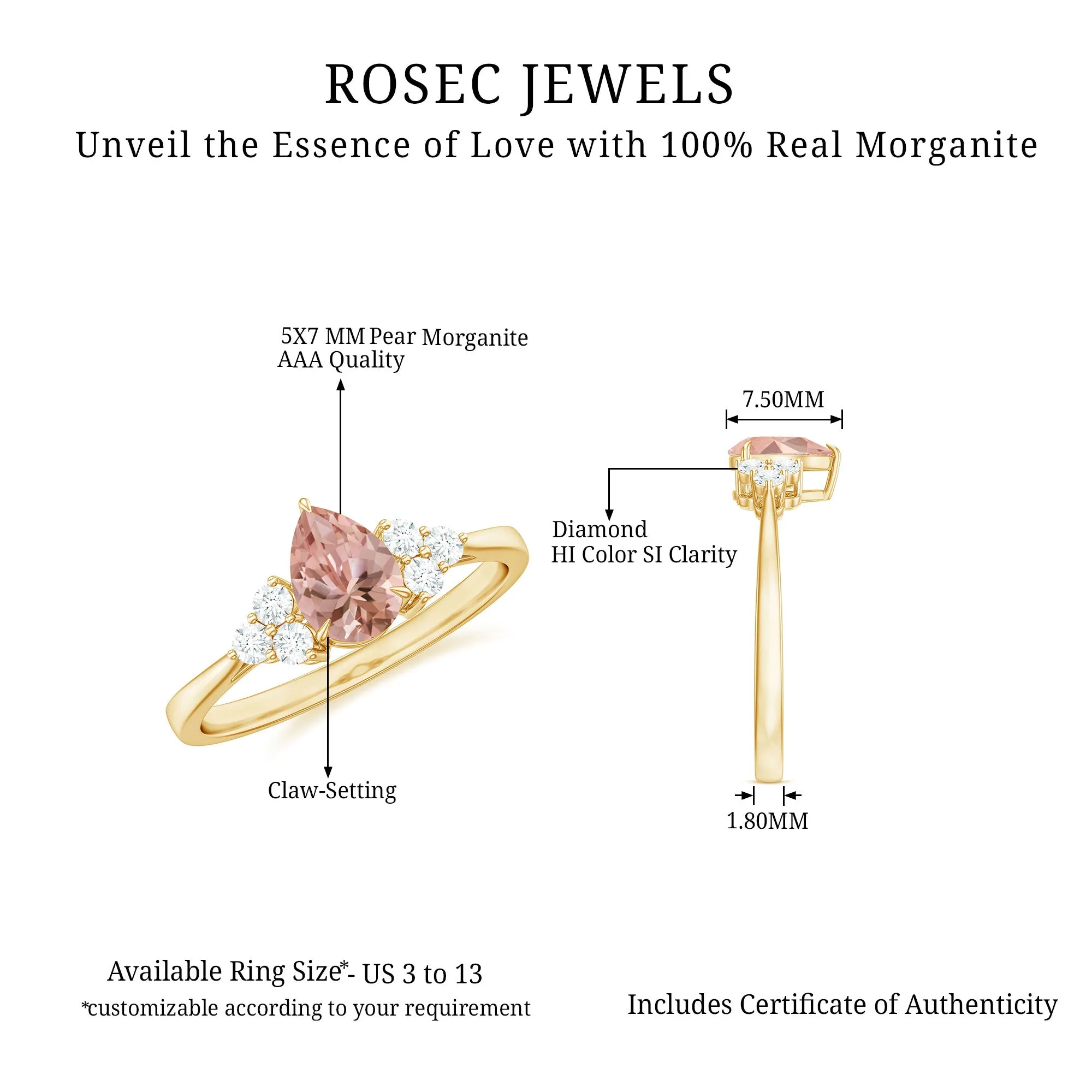 Pear Shaped Morganite Solitaire Ring with Diamond Trio