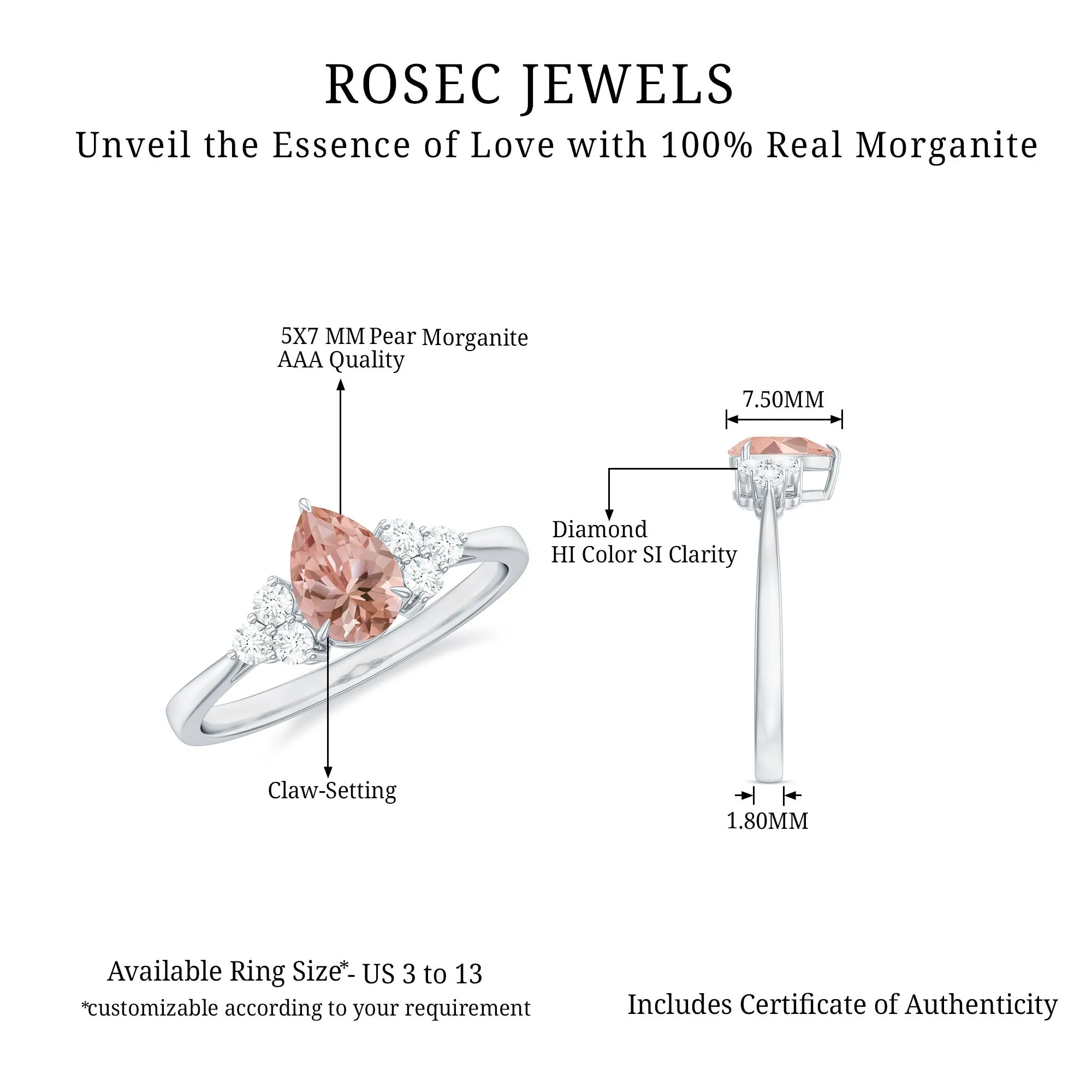 Pear Shaped Morganite Solitaire Ring with Diamond Trio