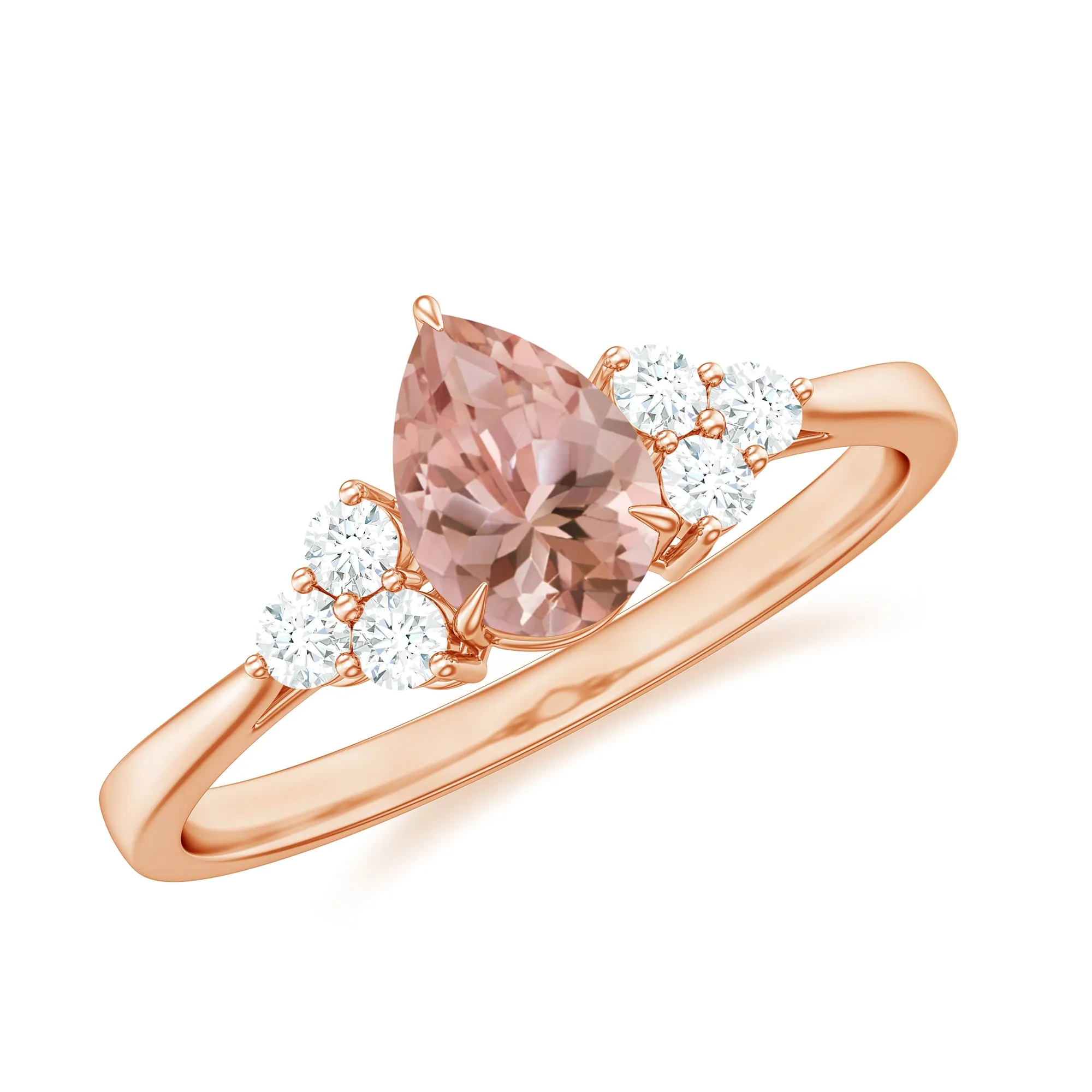 Pear Shaped Morganite Solitaire Ring with Diamond Trio