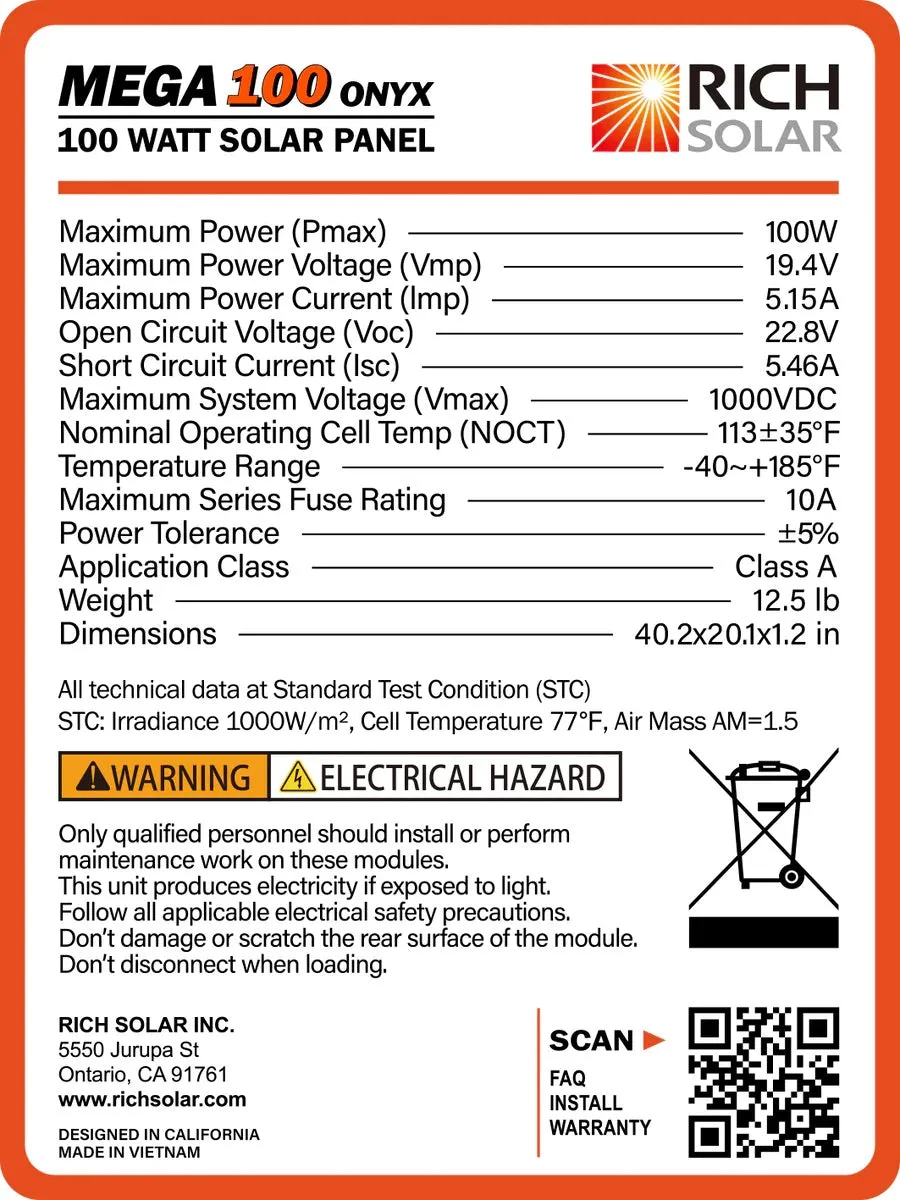 Rich Solar MEGA 100 Watt ONYX Monocrystalline Solar Panel