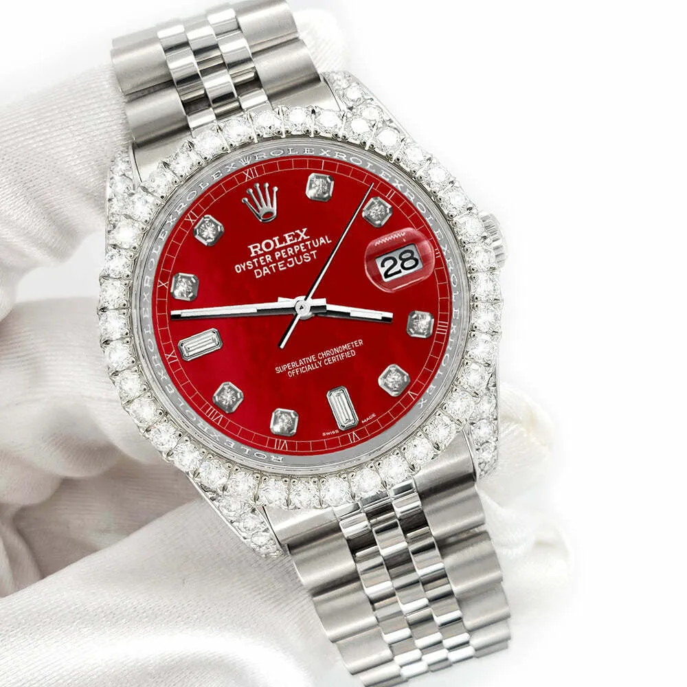 Rolex Datejust 116200 36mm 4CT Diamond Bezel/Lugs/Red MOP 6 9 Baguette Dial  TFJ-142508624