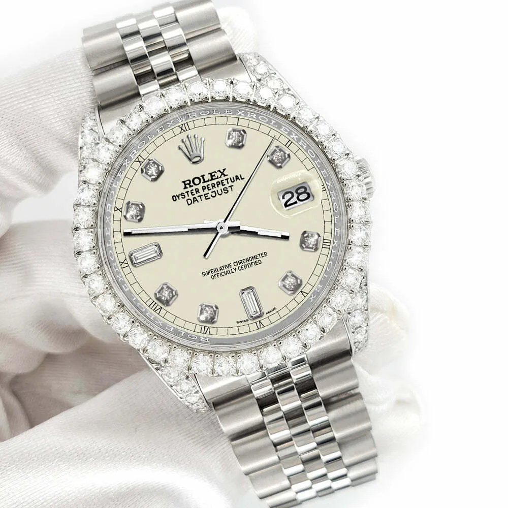 Rolex Datejust 116200 36mm 4CT Diamond Bezel/Lugs/Satin Linen 6 9 Baguette Dial TFJ-142508615