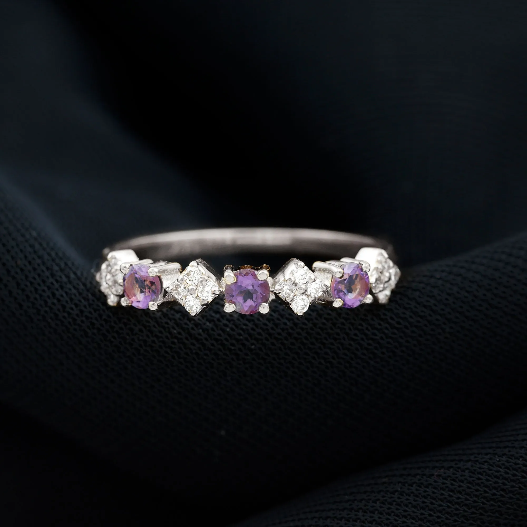 Round Amethyst and Diamond Semi Eternity Band Ring