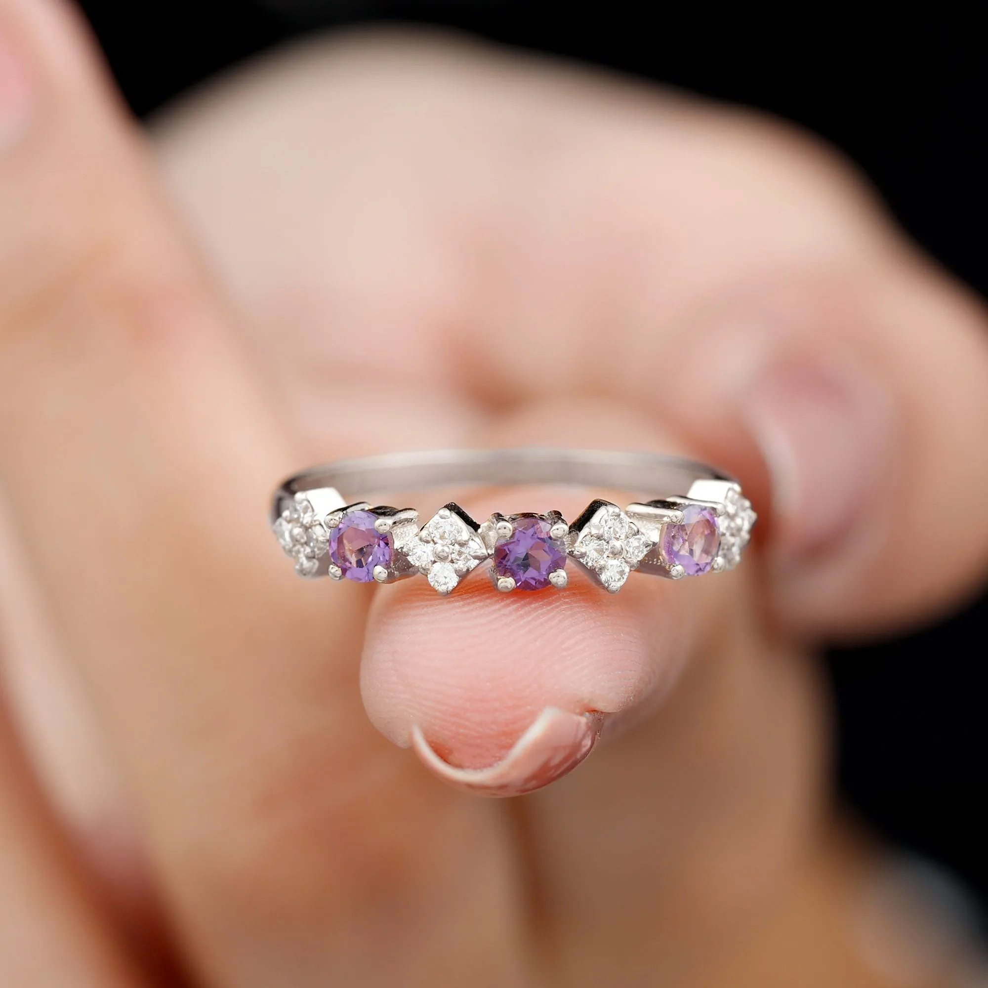 Round Amethyst and Diamond Semi Eternity Band Ring