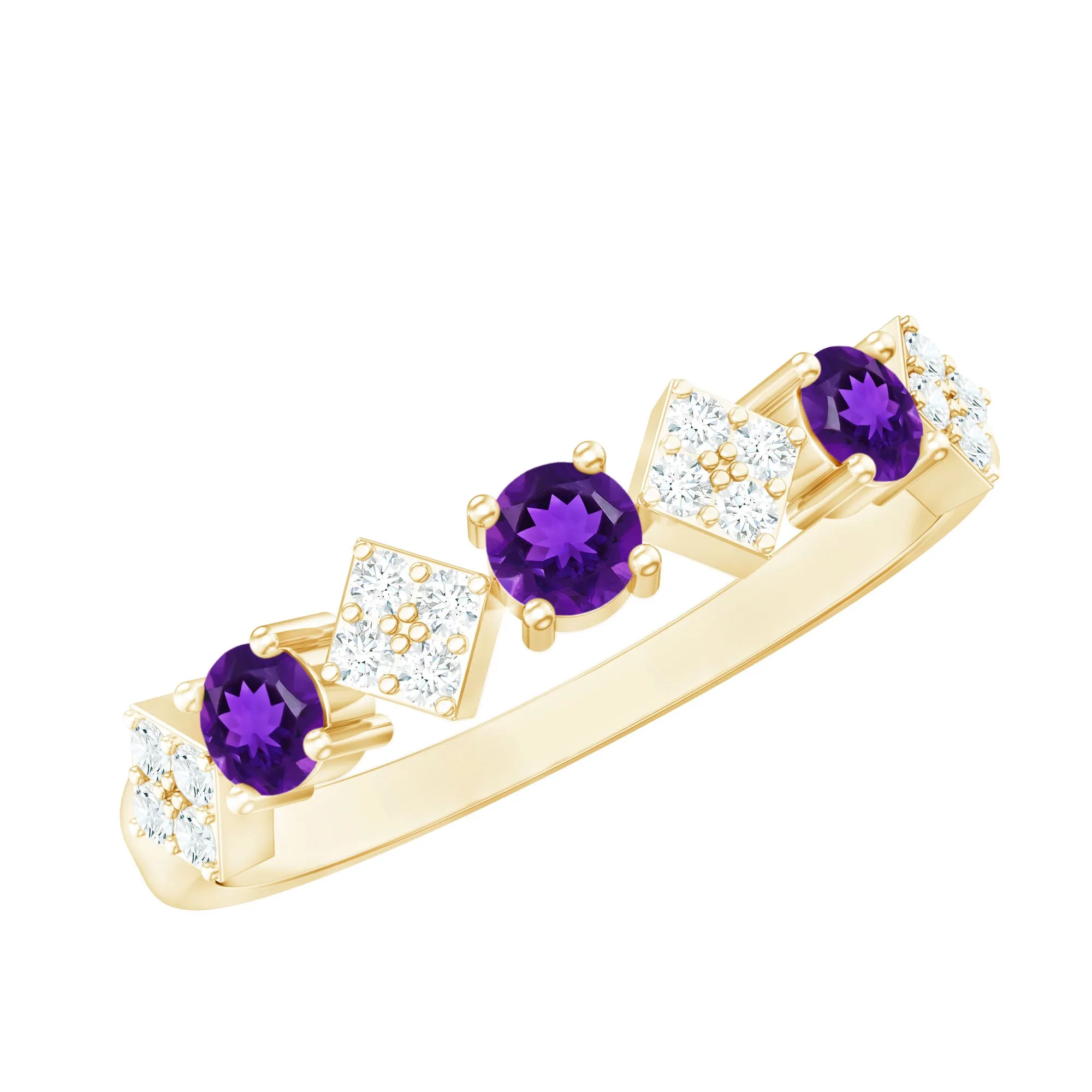 Round Amethyst and Diamond Semi Eternity Band Ring