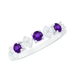 Round Amethyst and Diamond Semi Eternity Band Ring