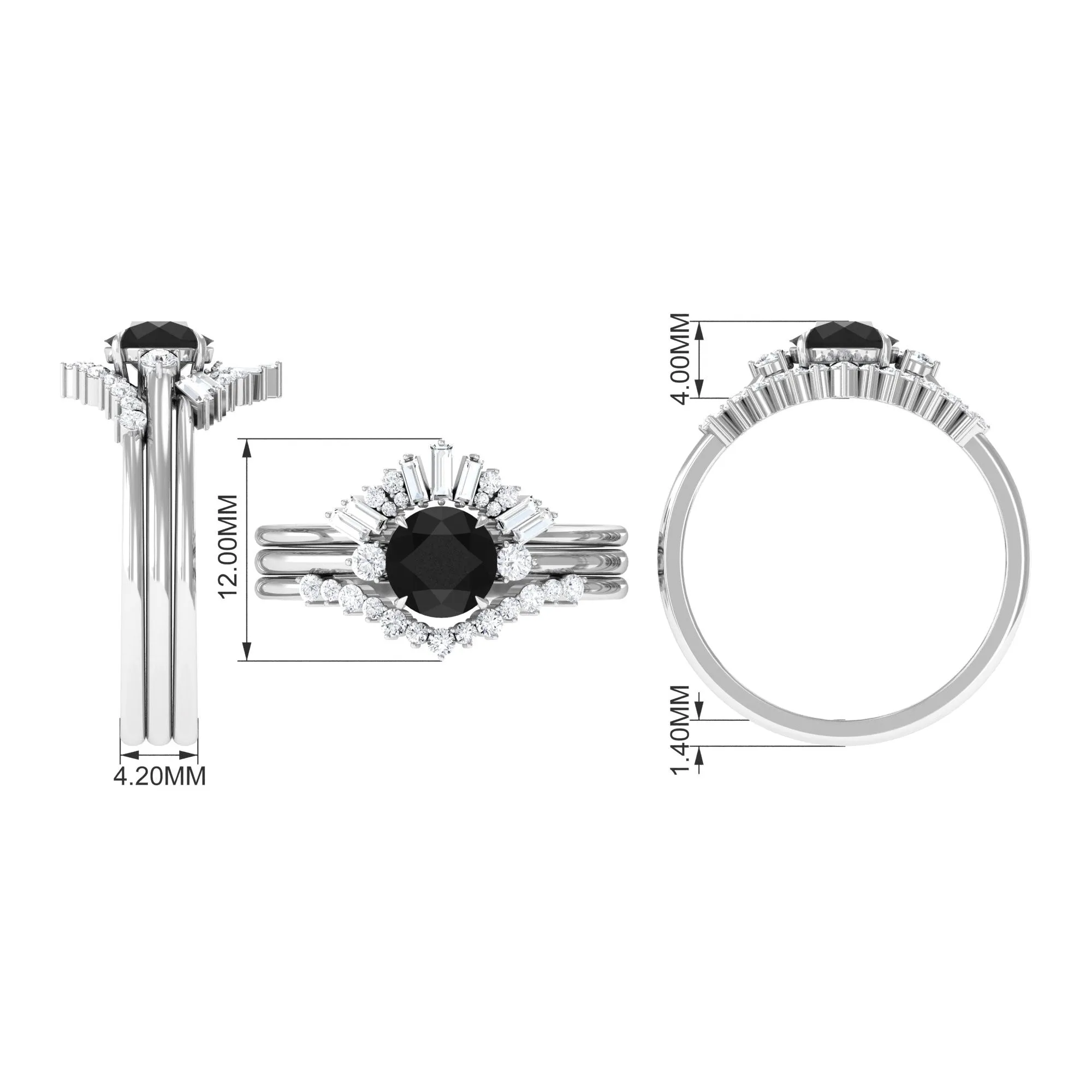 Round Black Onyx Designer Trio Wedding Ring Set with Moissanite