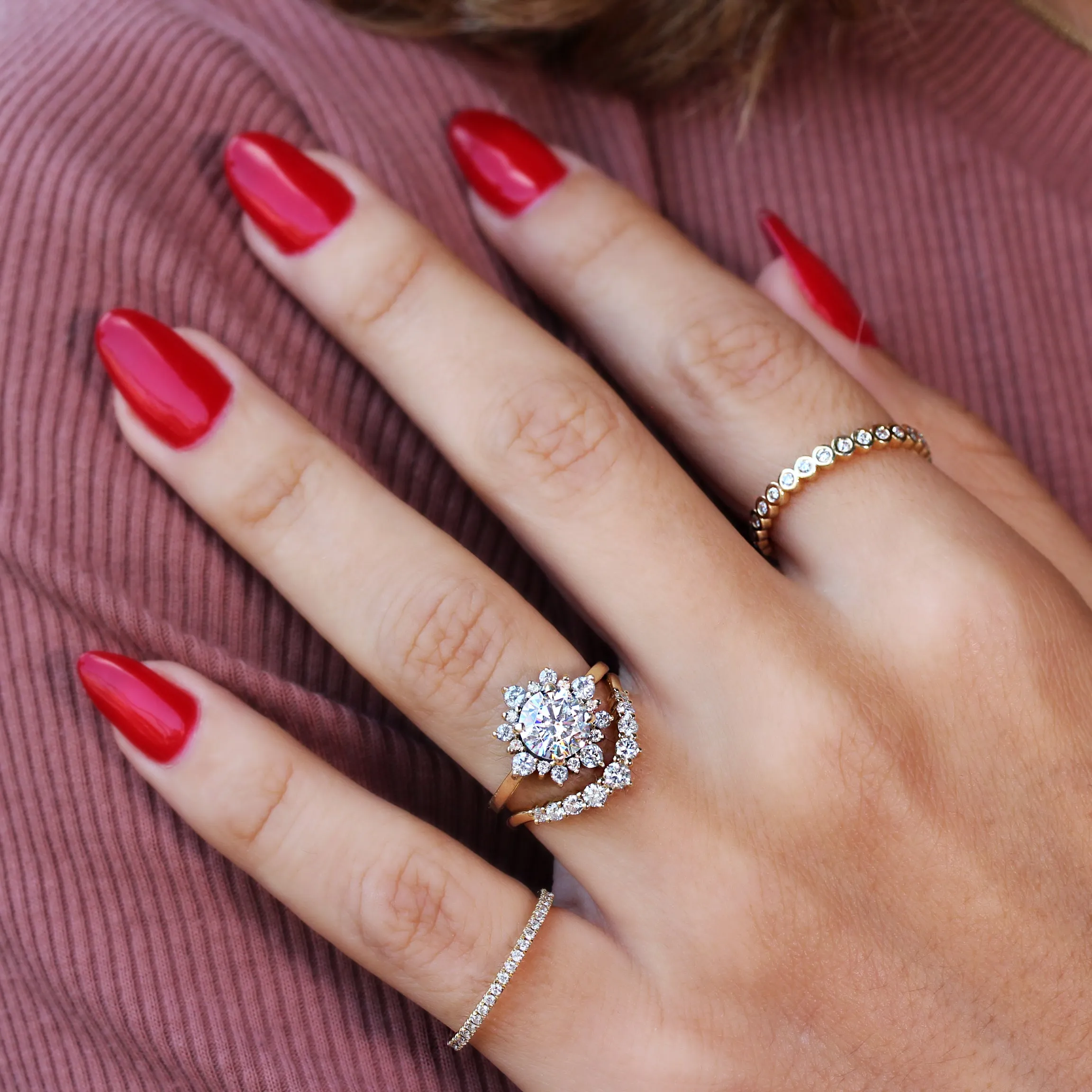 Round diamond halo unique engagement ring, "Snowflake"