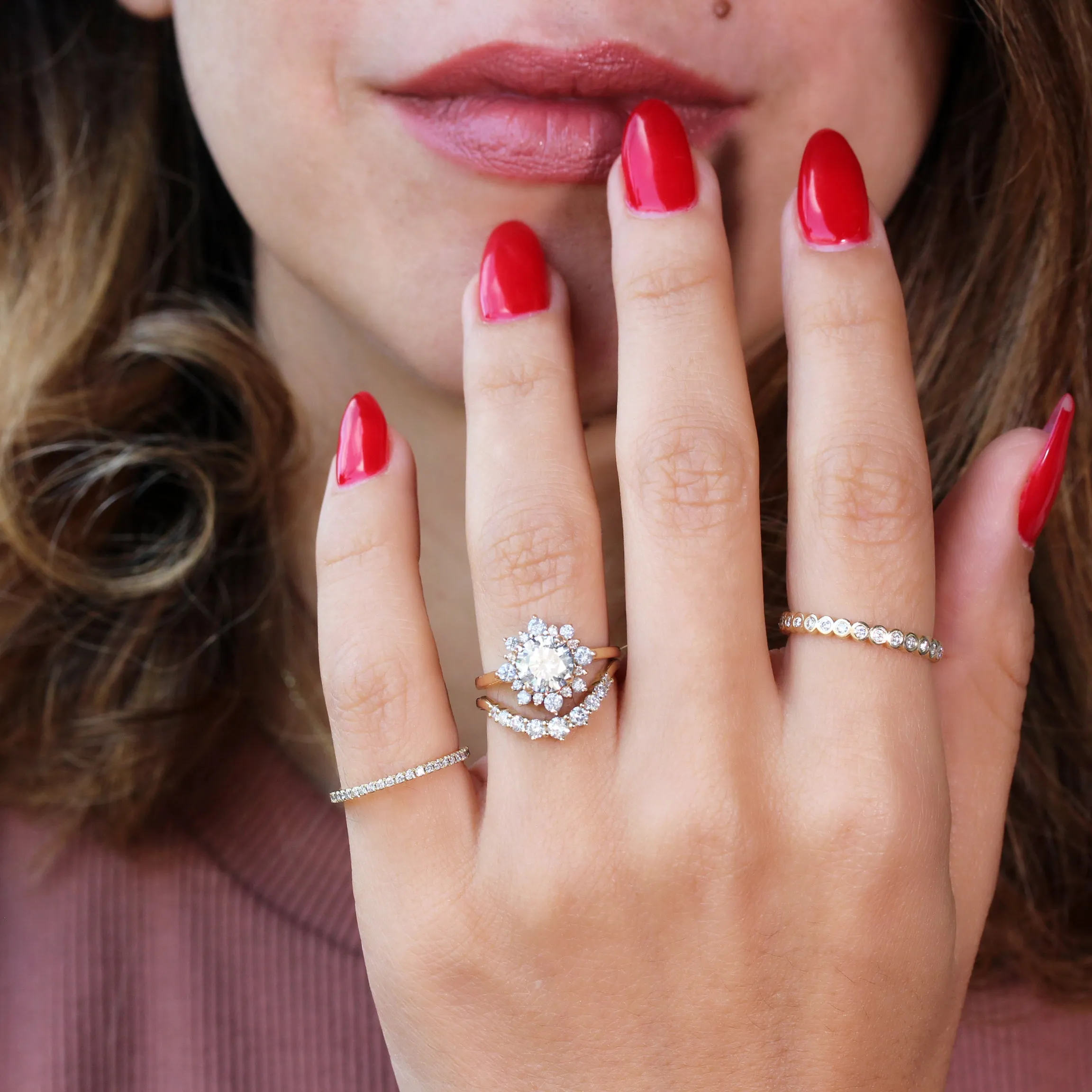 Round diamond halo unique engagement ring, "Snowflake"