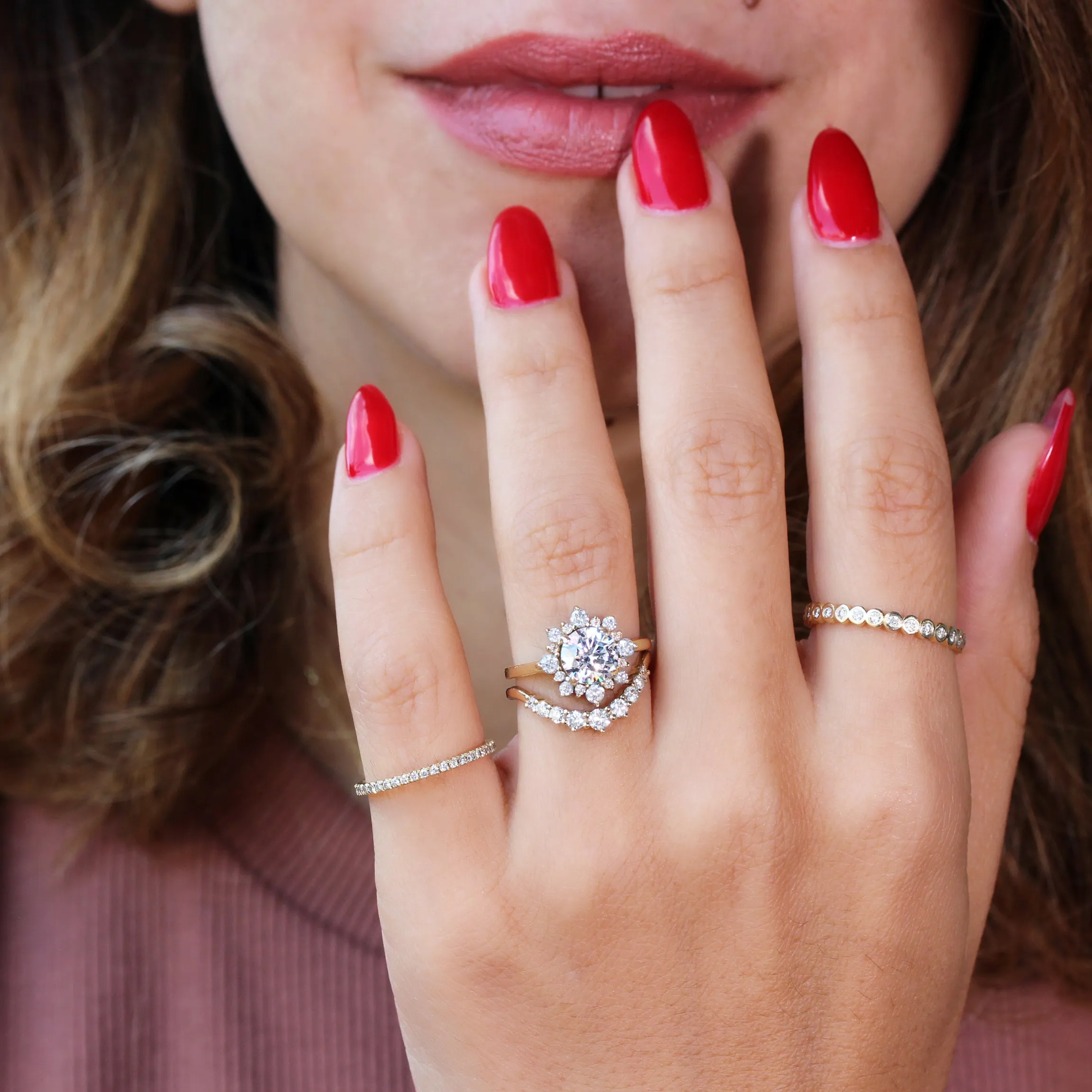 Round diamond halo unique engagement ring, "Snowflake"