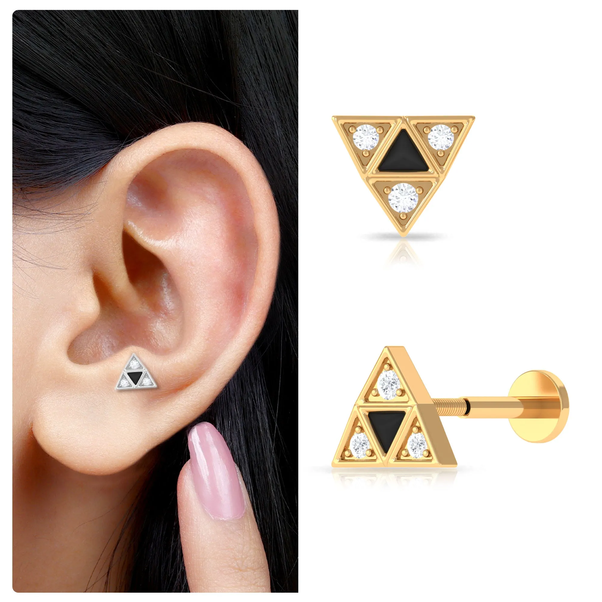 Round Diamond Triangle Cartilage Earring with Black Enamel