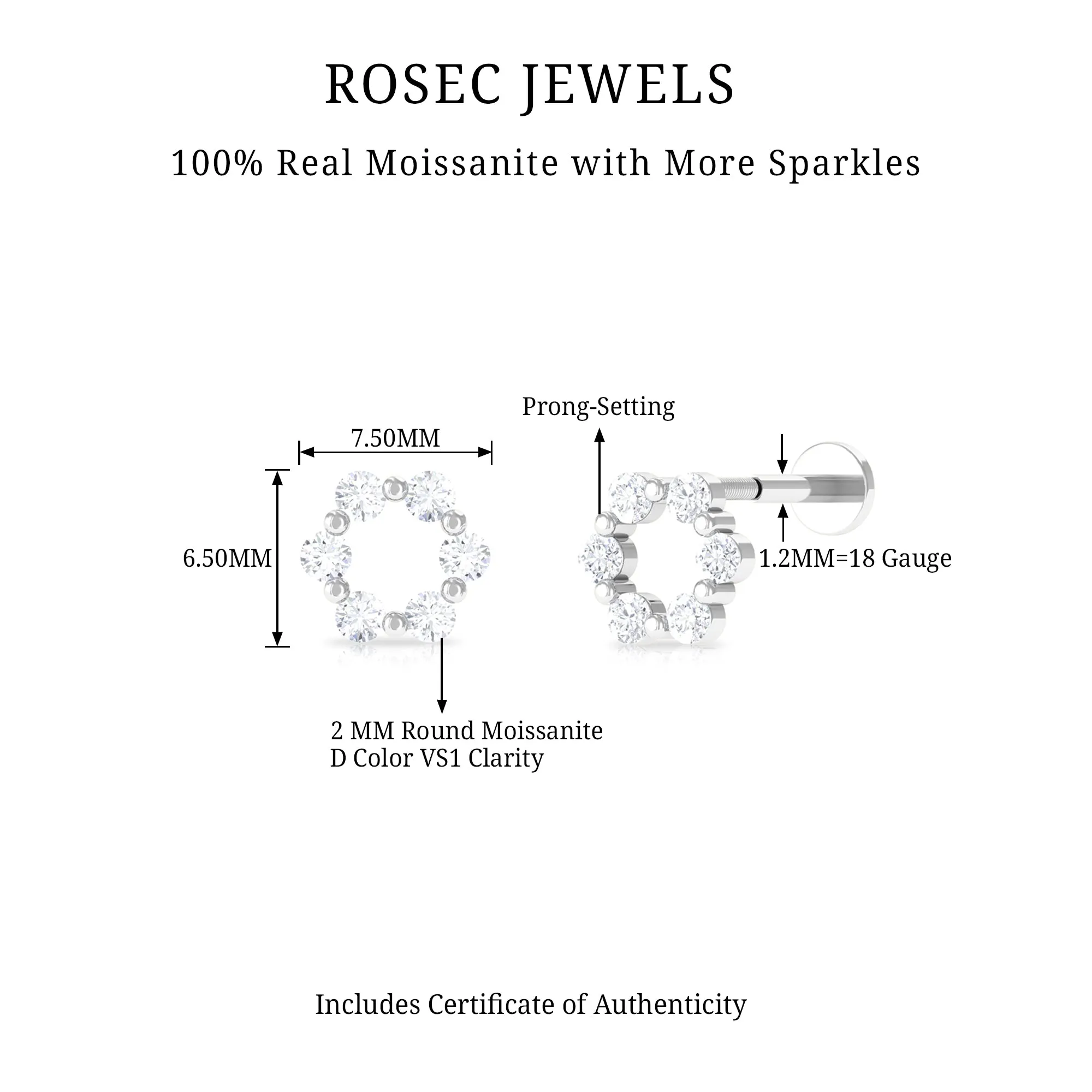 Round Moissanite Circle Eternity Earring for Cartilage Piercing