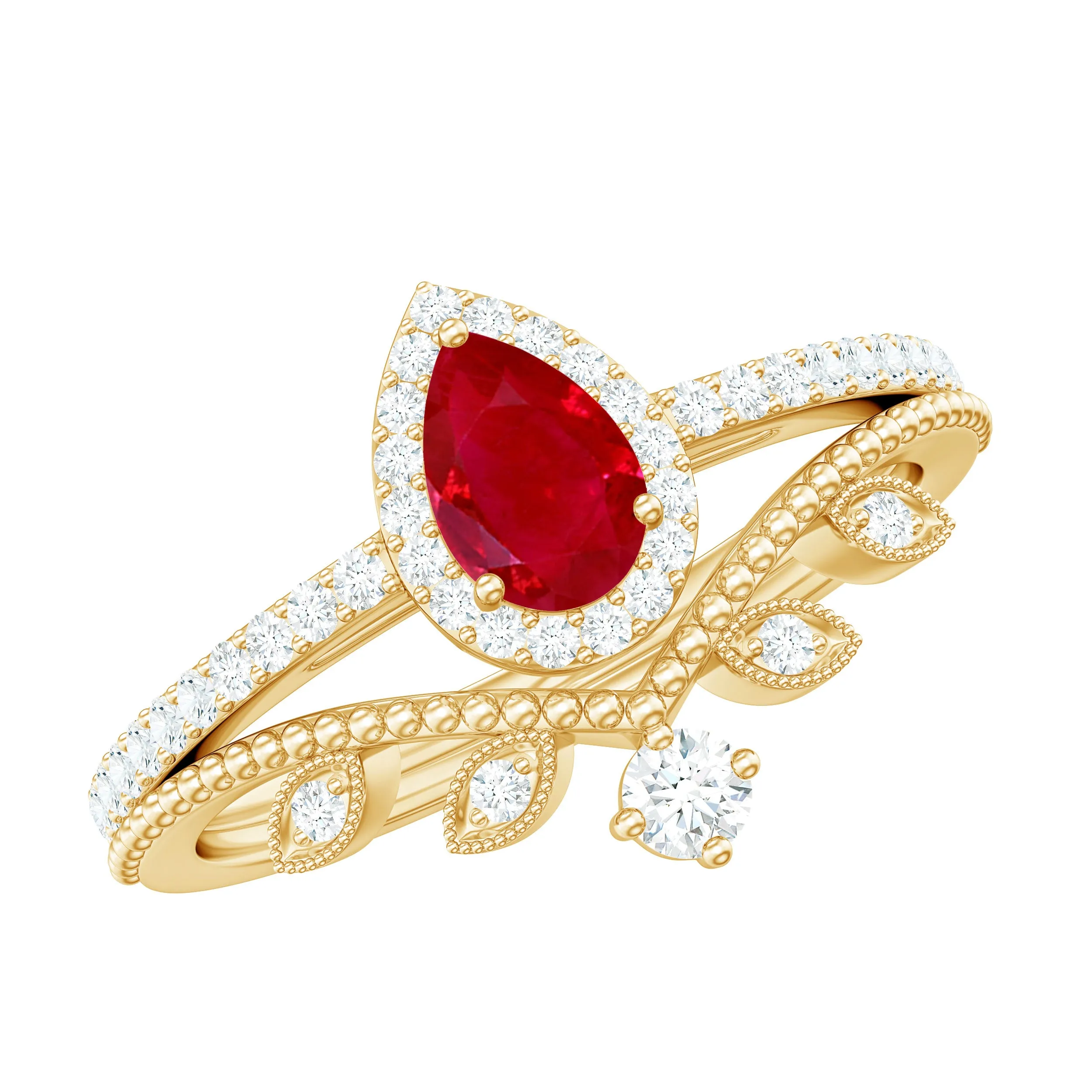 Ruby Vintage Teardrop Wedding Ring Set with Diamond