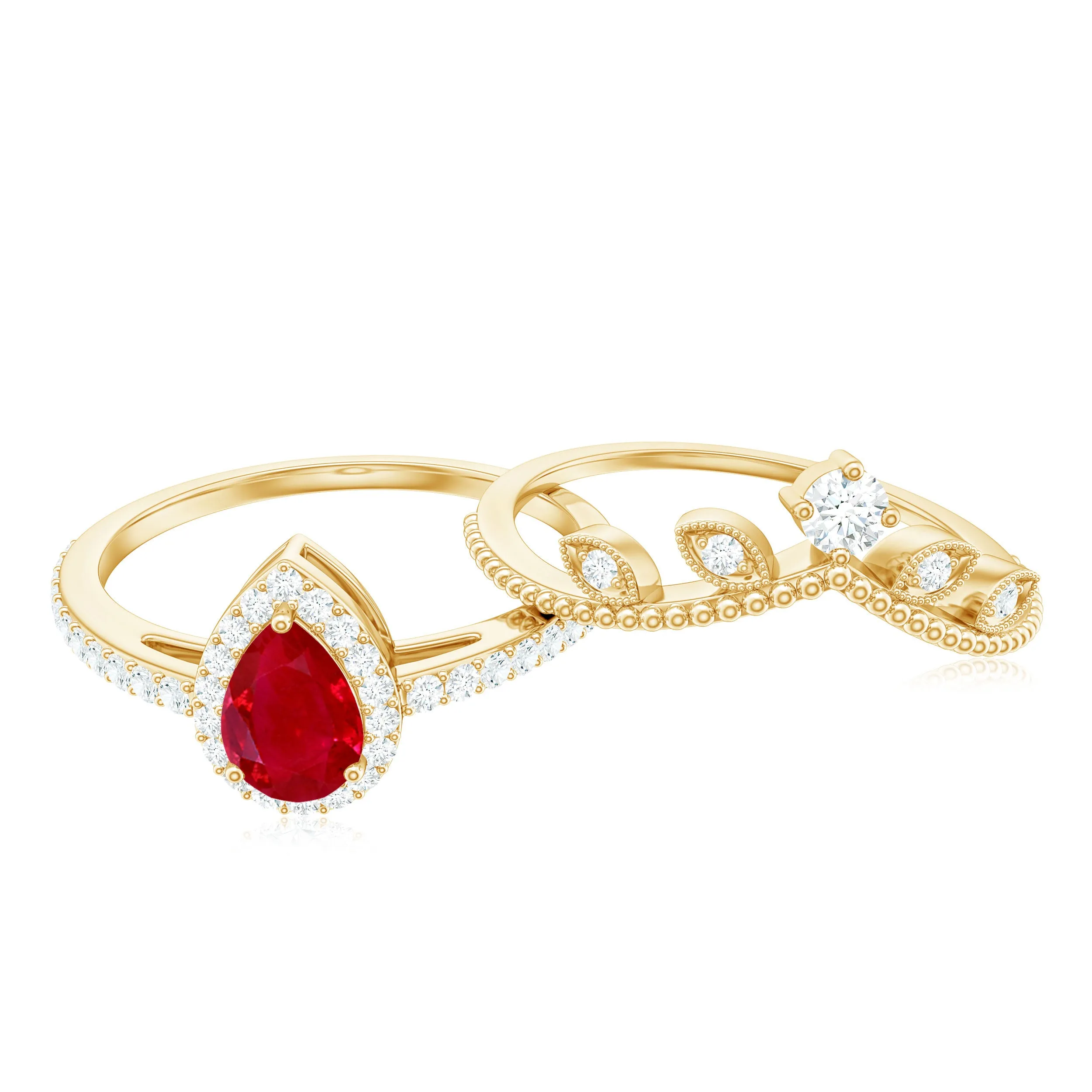 Ruby Vintage Teardrop Wedding Ring Set with Diamond