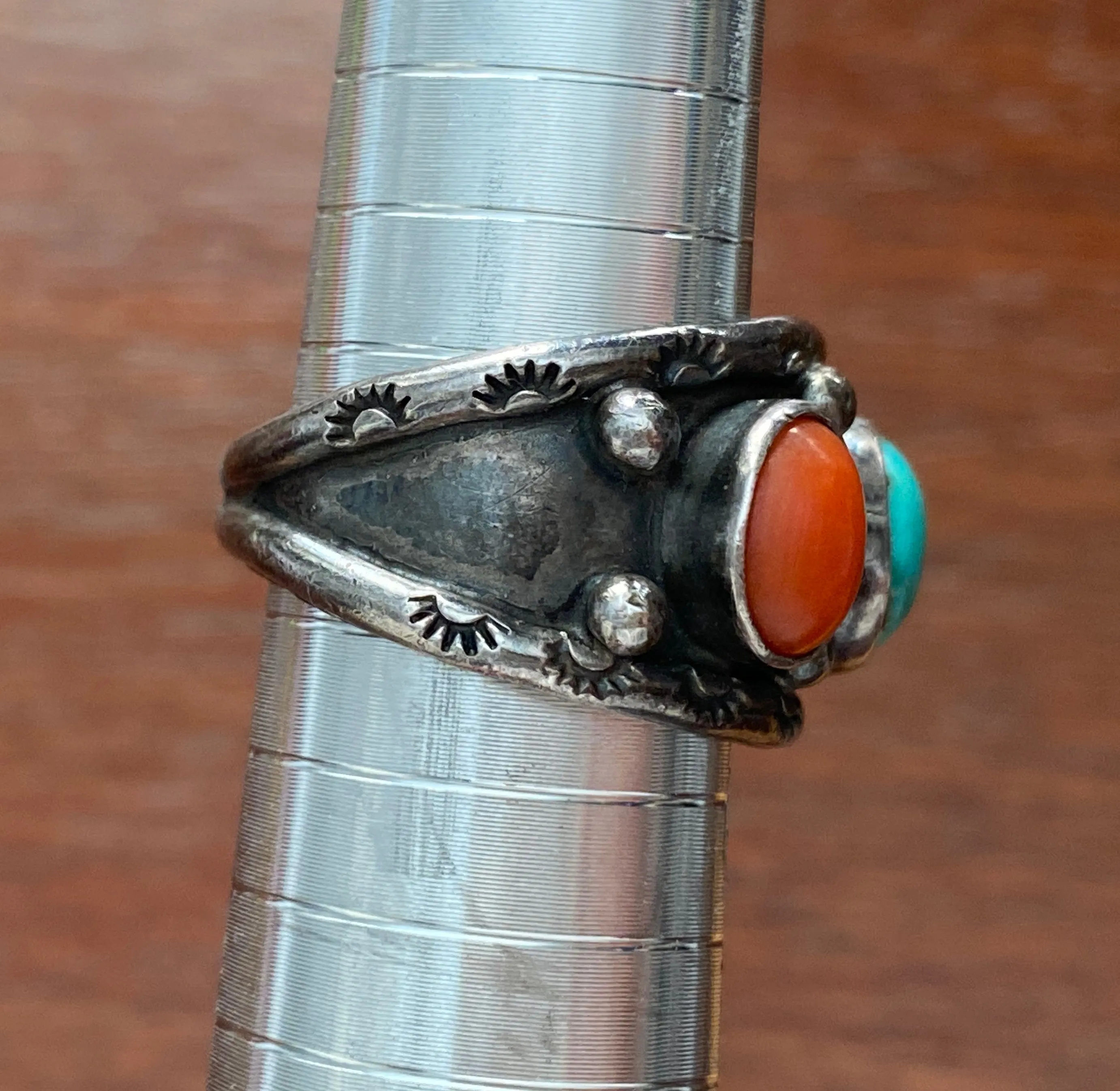 Signed JB Old Pawn Sterling Silver 925 3 Stone Turquoise Red Coral Ring Sz 7.25