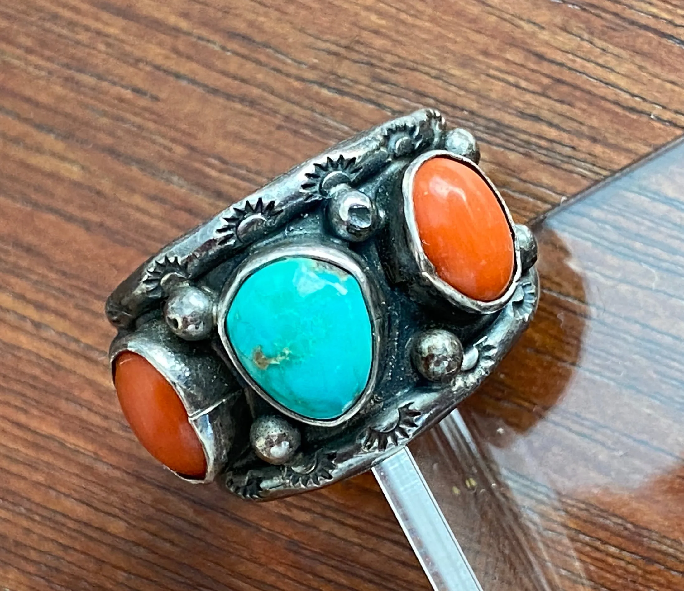 Signed JB Old Pawn Sterling Silver 925 3 Stone Turquoise Red Coral Ring Sz 7.25