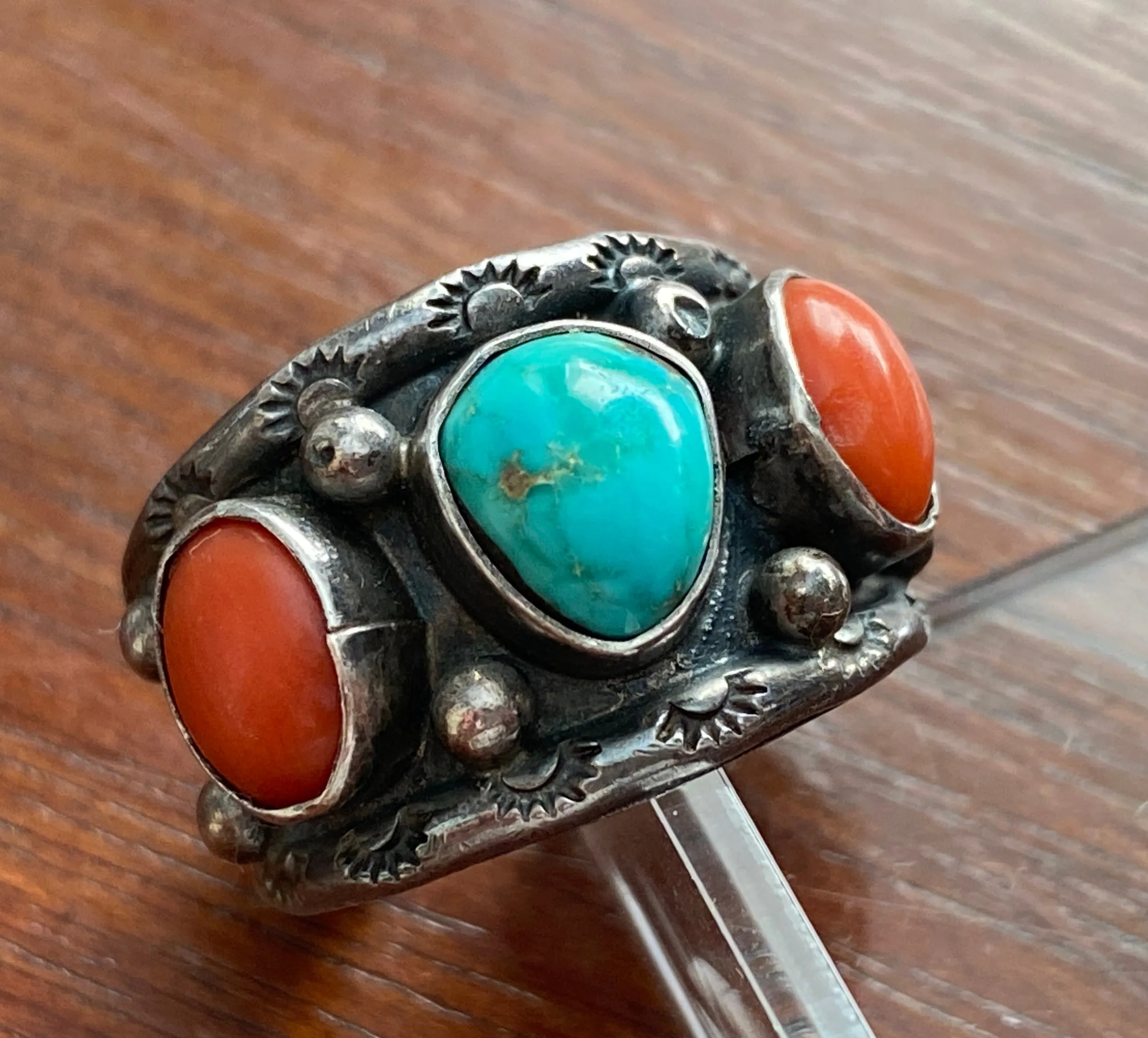 Signed JB Old Pawn Sterling Silver 925 3 Stone Turquoise Red Coral Ring Sz 7.25