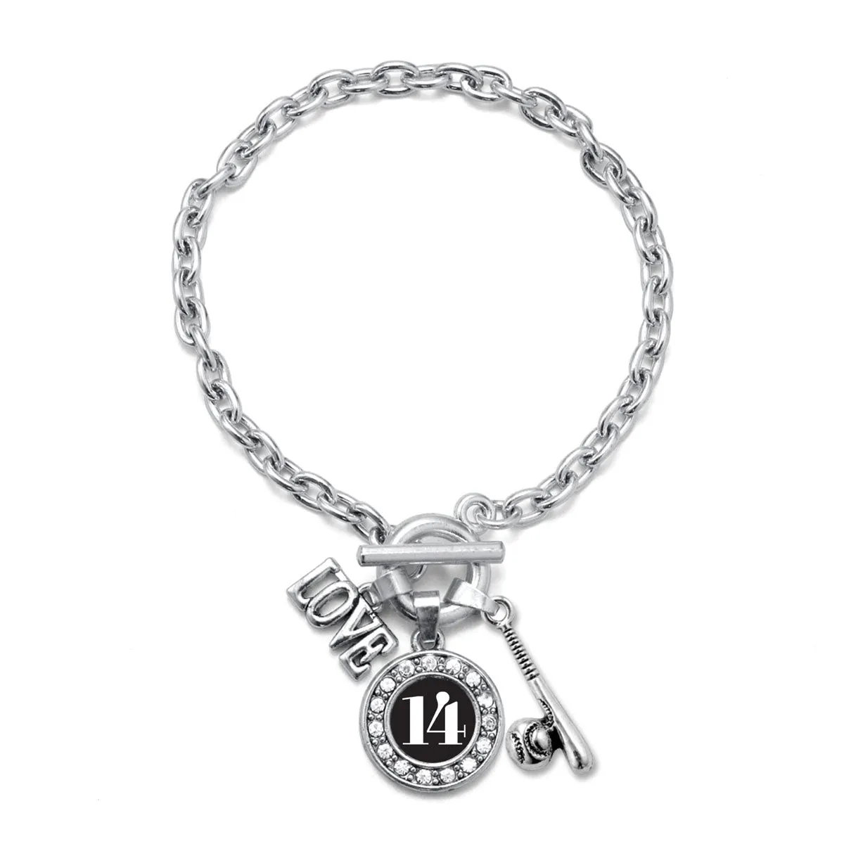 Silver Baseball Bat - Sports Number 14 Circle Charm Toggle Bracelet