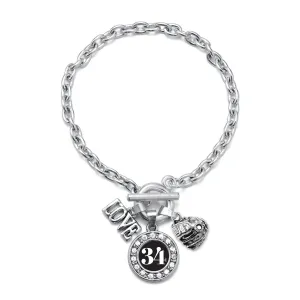 Silver Baseball Glove - Sports Number 34 Circle Charm Toggle Bracelet