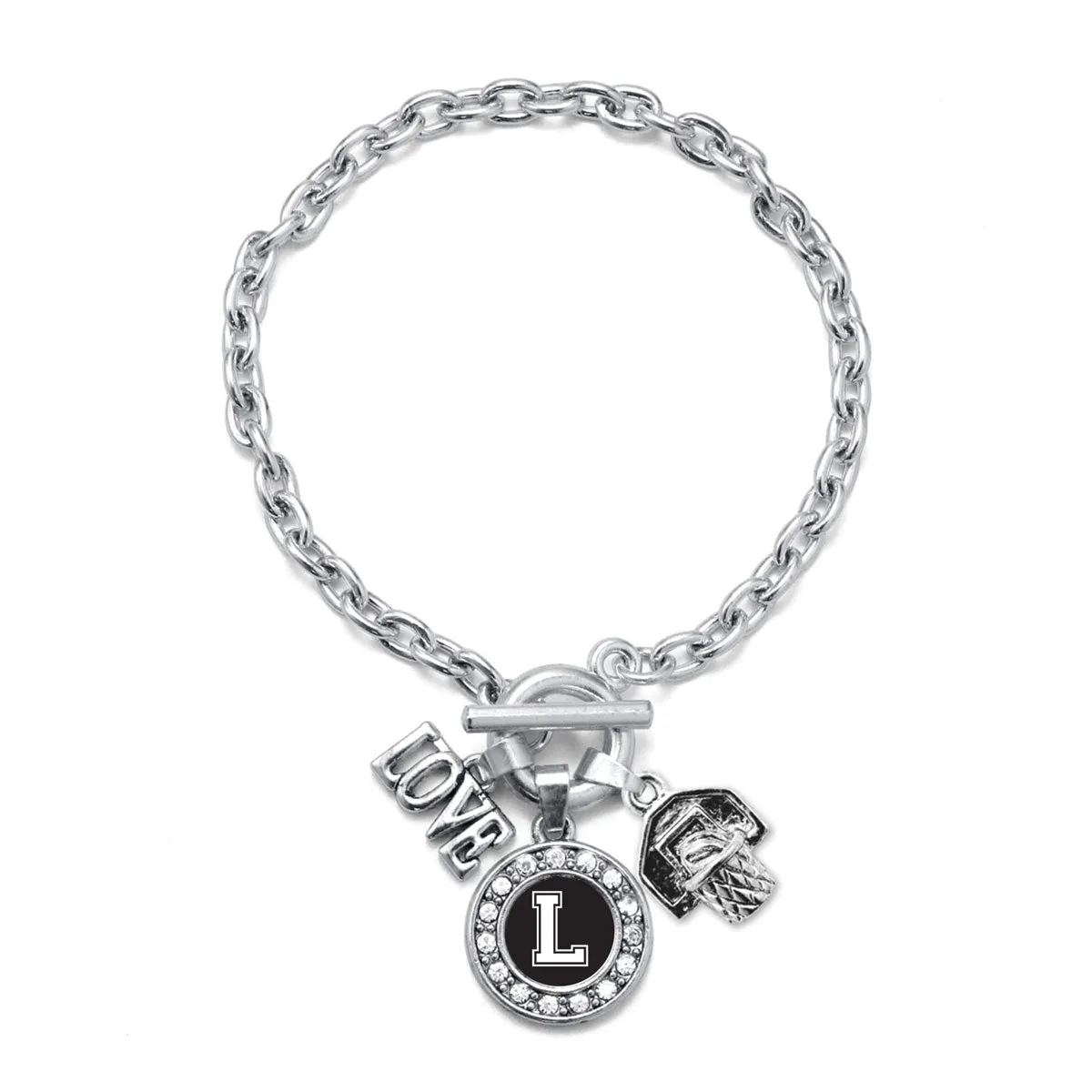 Silver Basketball Hoop - Sports Initial L Circle Charm Toggle Bracelet