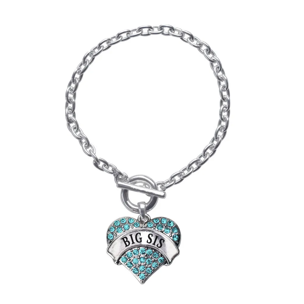 Silver Big Sis Aqua Aqua Pave Heart Charm Toggle Bracelet