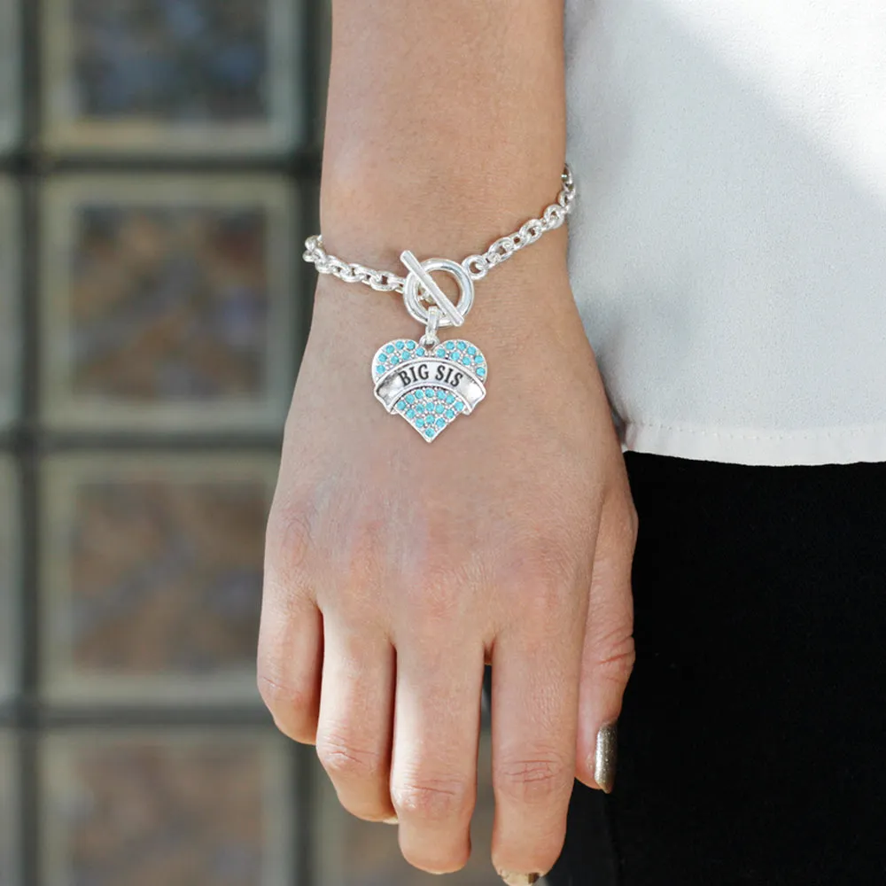 Silver Big Sis Aqua Aqua Pave Heart Charm Toggle Bracelet