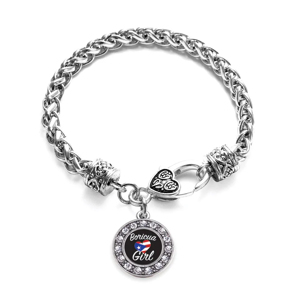 Silver Boricua Girl Circle Charm Braided Bracelet