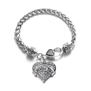 Silver Choose Life Pave Heart Charm Braided Bracelet