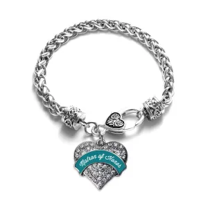 Silver Dark Teal Matron of Honor Pave Heart Charm Braided Bracelet