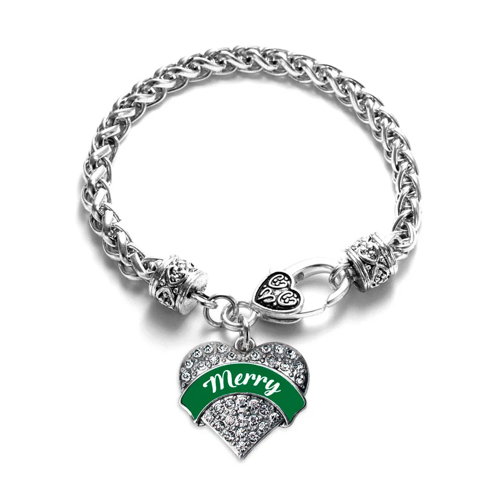 Silver Green Merry Pave Heart Charm Braided Bracelet