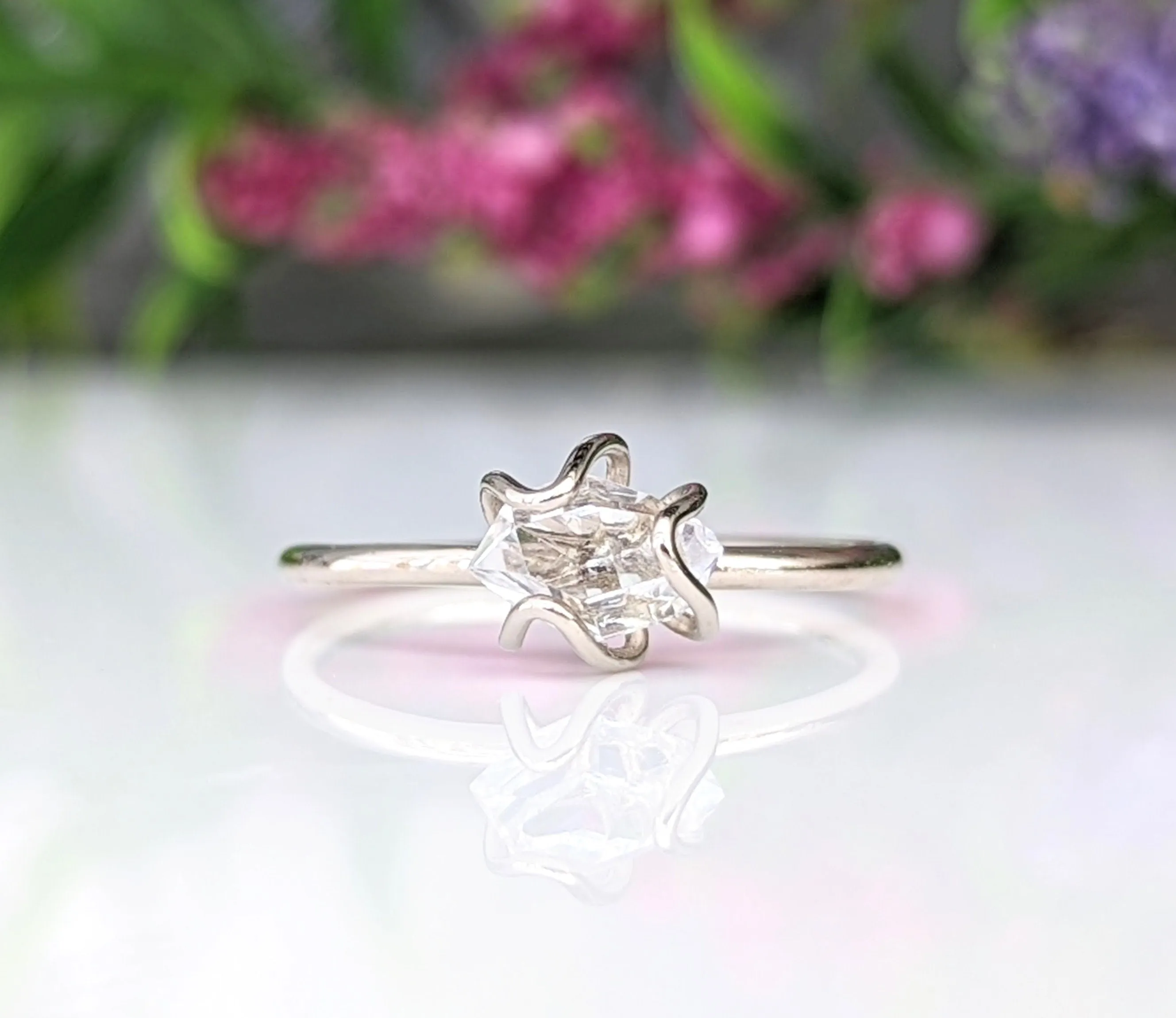 Silver Herkimer diamond flower ring