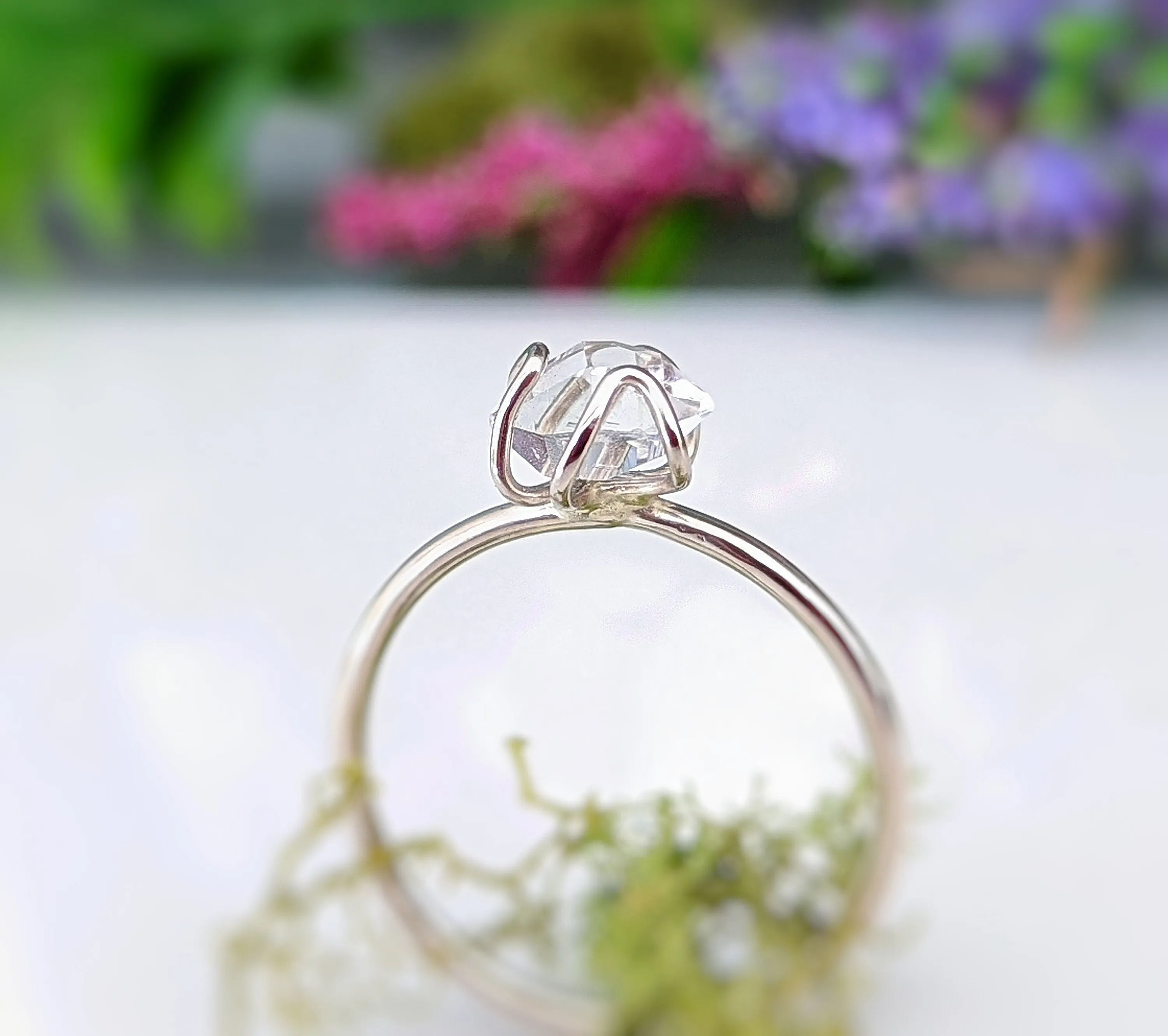 Silver Herkimer diamond flower ring