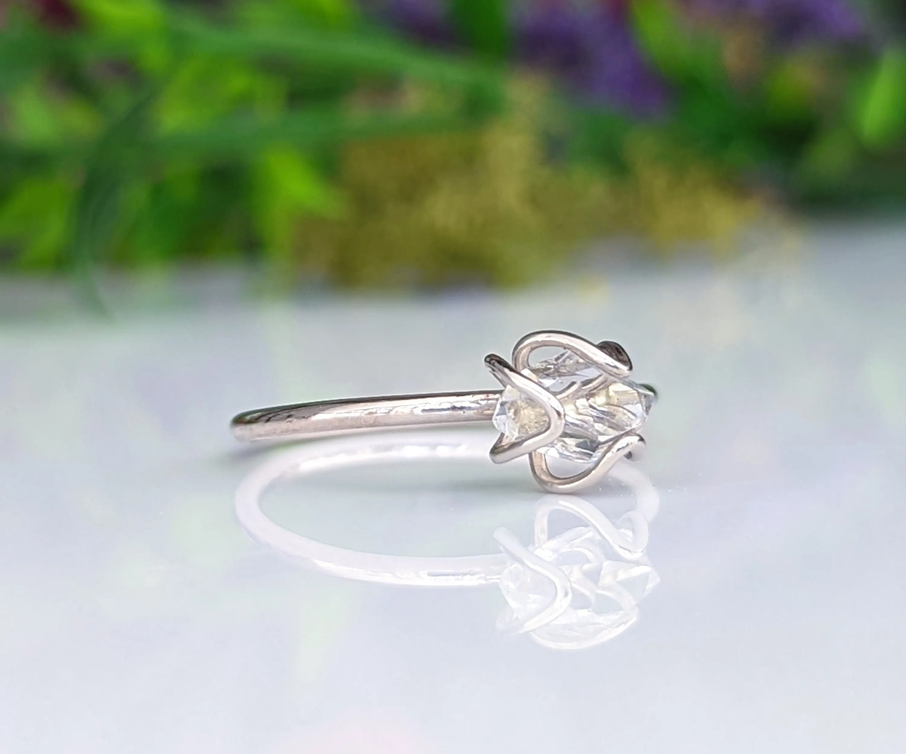 Silver Herkimer diamond flower ring