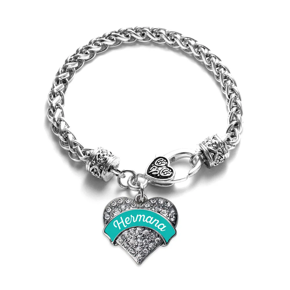 Silver Hermana - Teal Pave Heart Charm Braided Bracelet